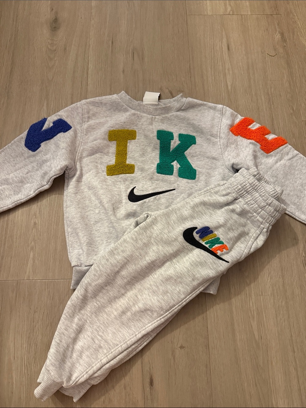 Nike Kids Light Gray Sweatpants with Multicolor Chenille Letters